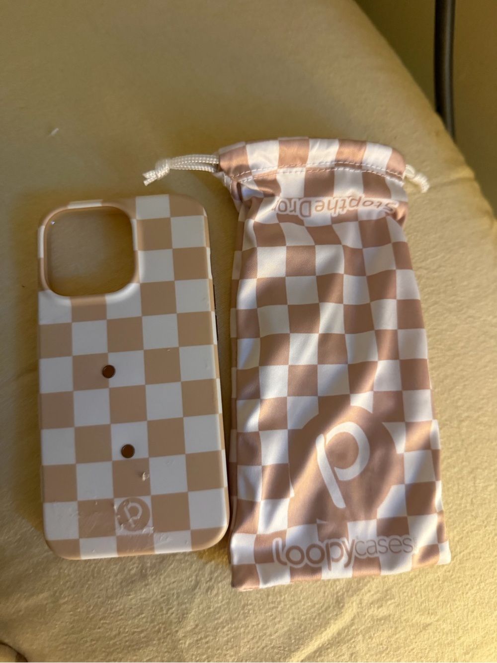 Loopy iPhone 14 Beige and White Checkered iPhone Case with Matching Pouch